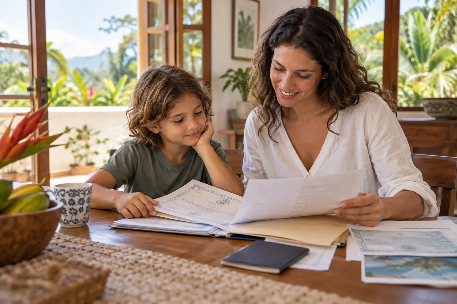 Parent and child organizing civil records.