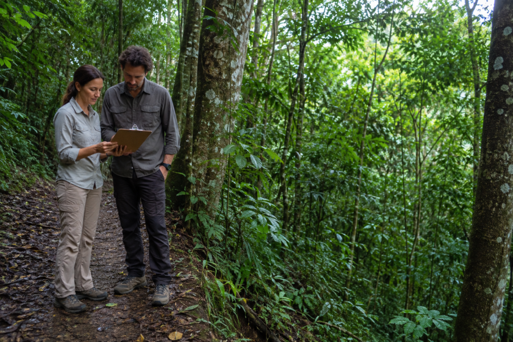 Two adults review a clipboard on a path through tropical forest.