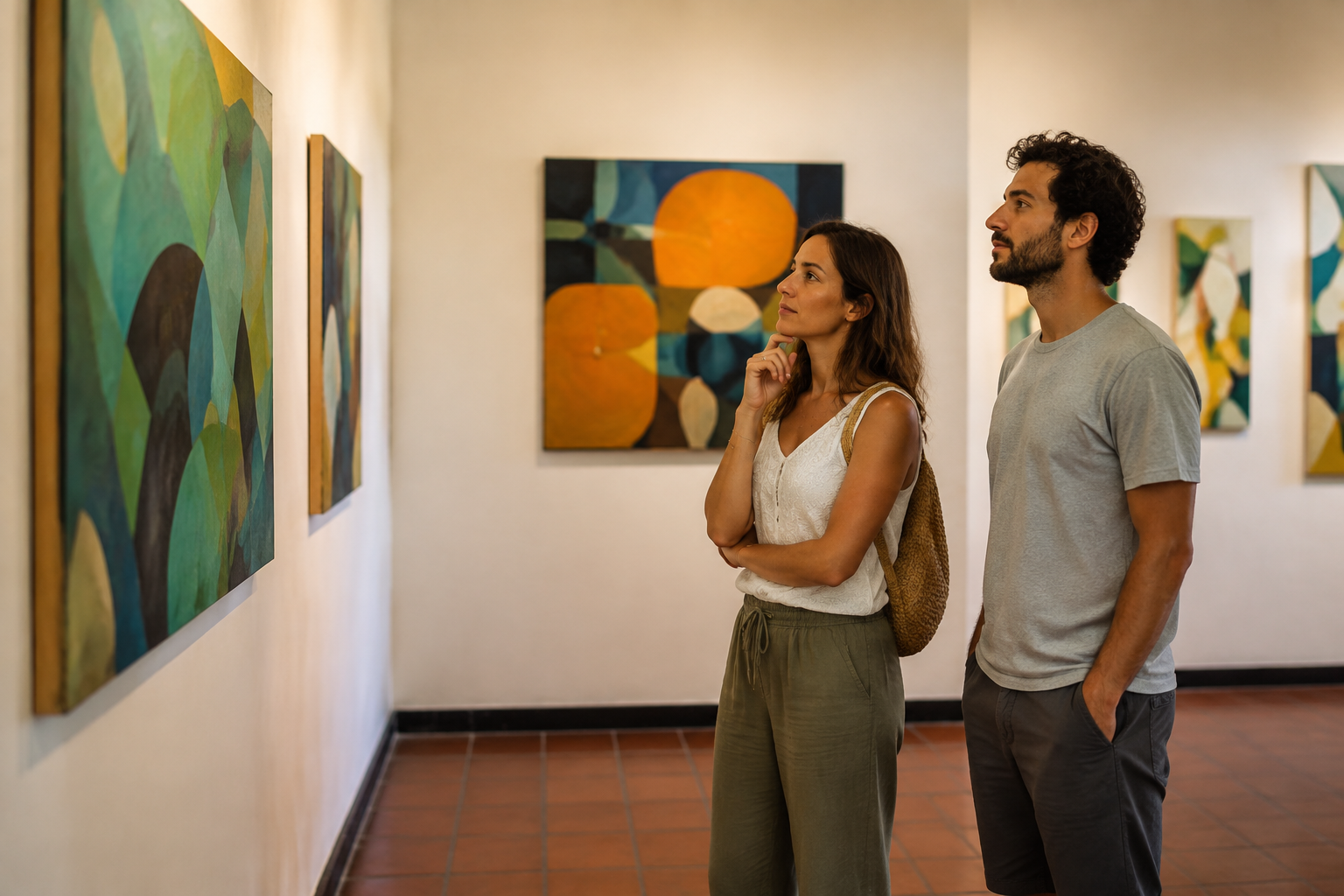 Two visitors look at artwork in a small gallery.