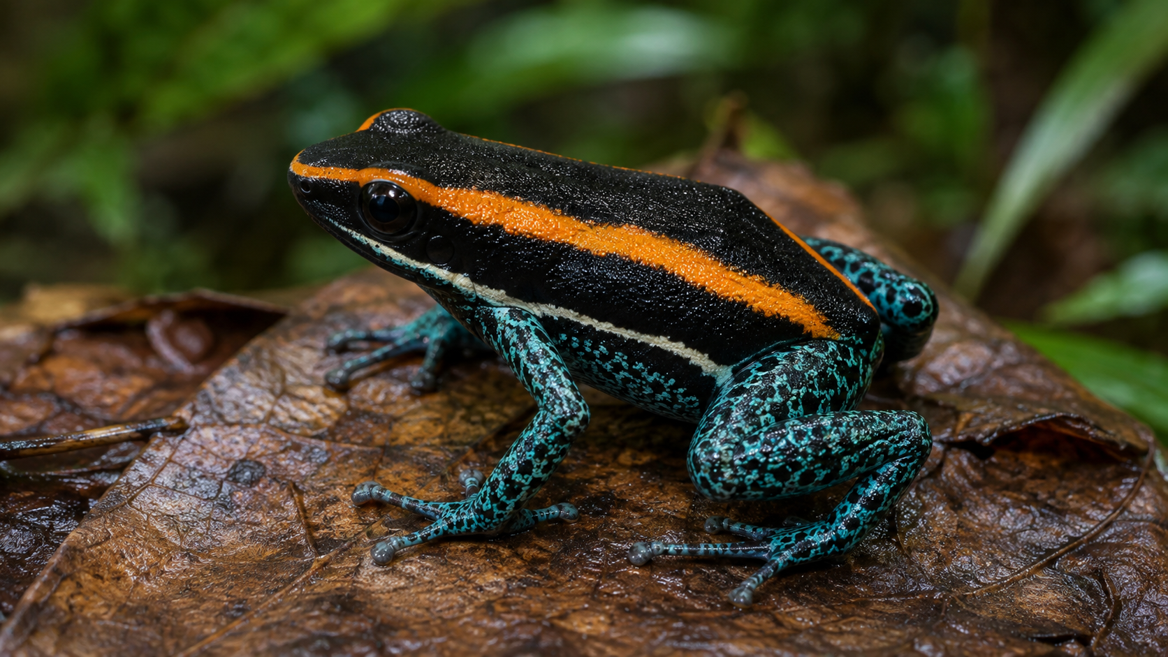 A black frog with orange stripes and blue-speckled legs rests on a leaf.