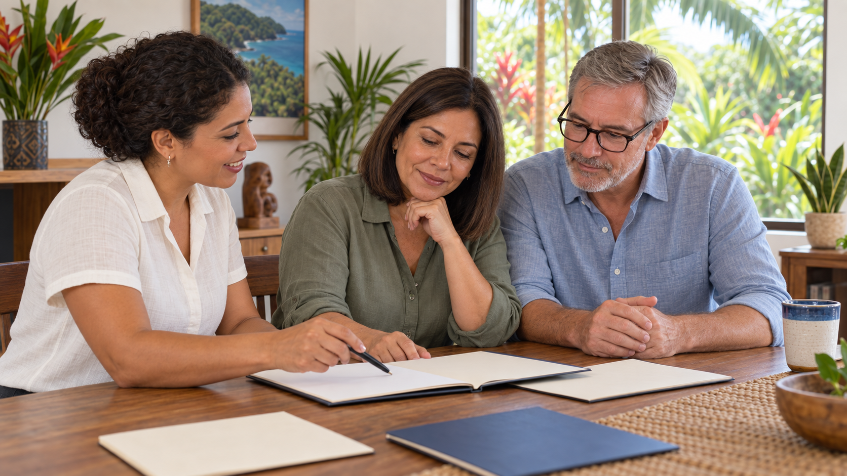 Mixed couple receiving guidance about Costa Rica immigration payment steps
