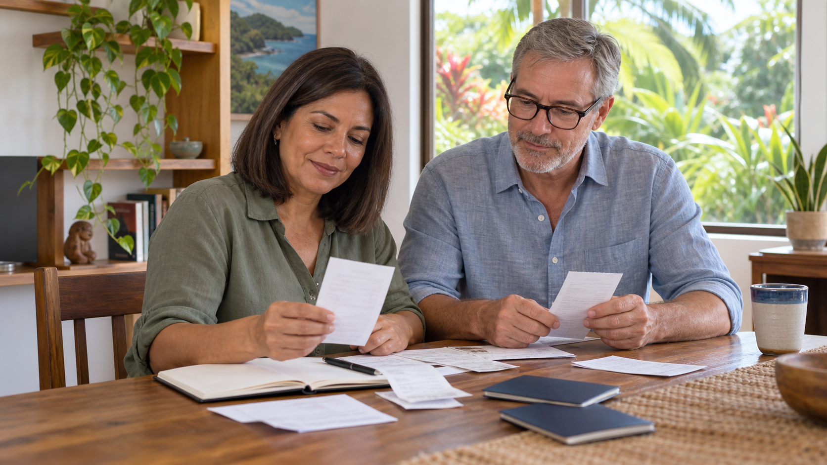 Mixed couple reviewing Costa Rica immigration payment records at home