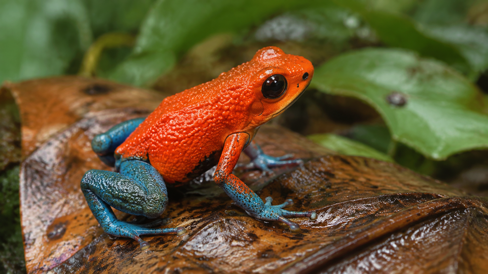 A small orange-red frog with textured skin and blue-green legs sits on leaf litter.