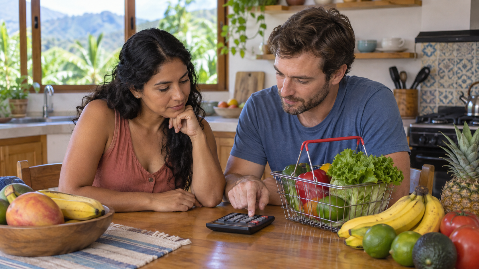 A couple compares grocery costs with a calculator at their Costa Rican home.