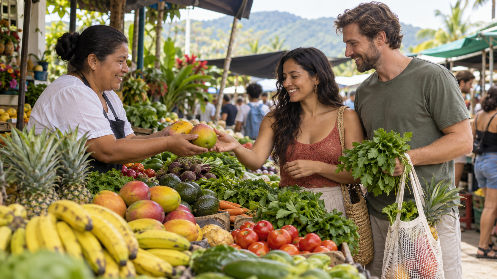 A couple shops for fresh produce at a Costa Rican farmers market.
