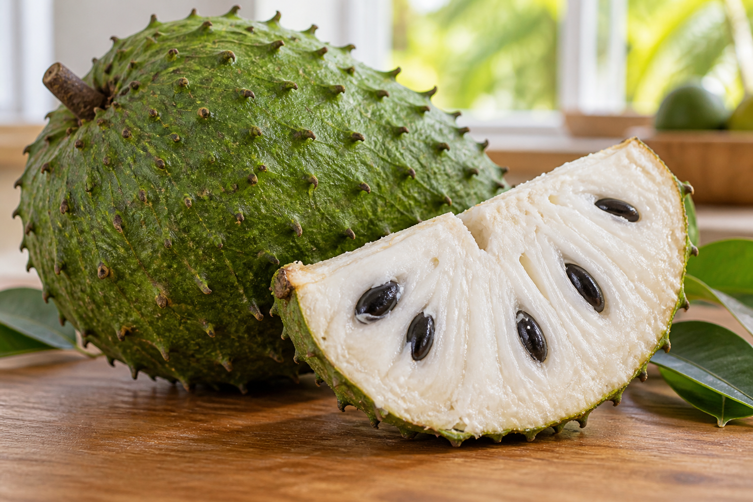 Whole green soursop and a cut section showing white pulp and black seeds