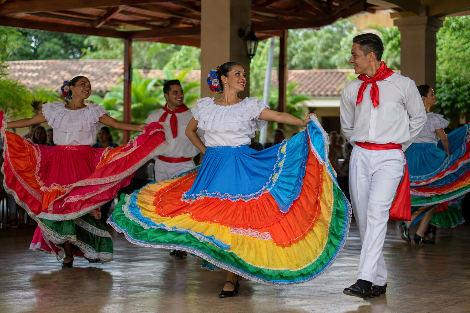 Folkloric dancers wearing colorful full skirts during a performance