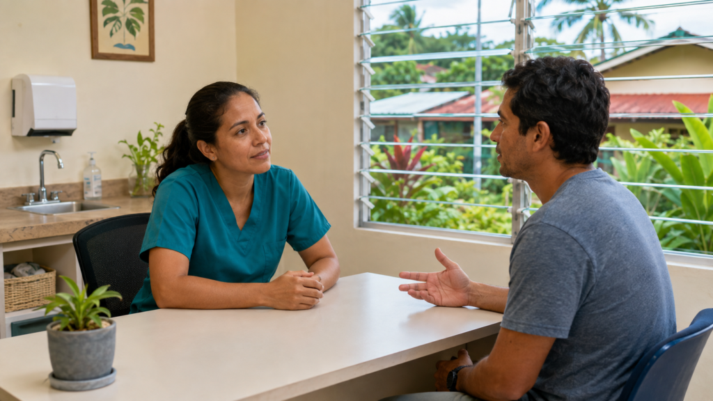 A healthcare professional and an adult discuss information at an indoor desk.