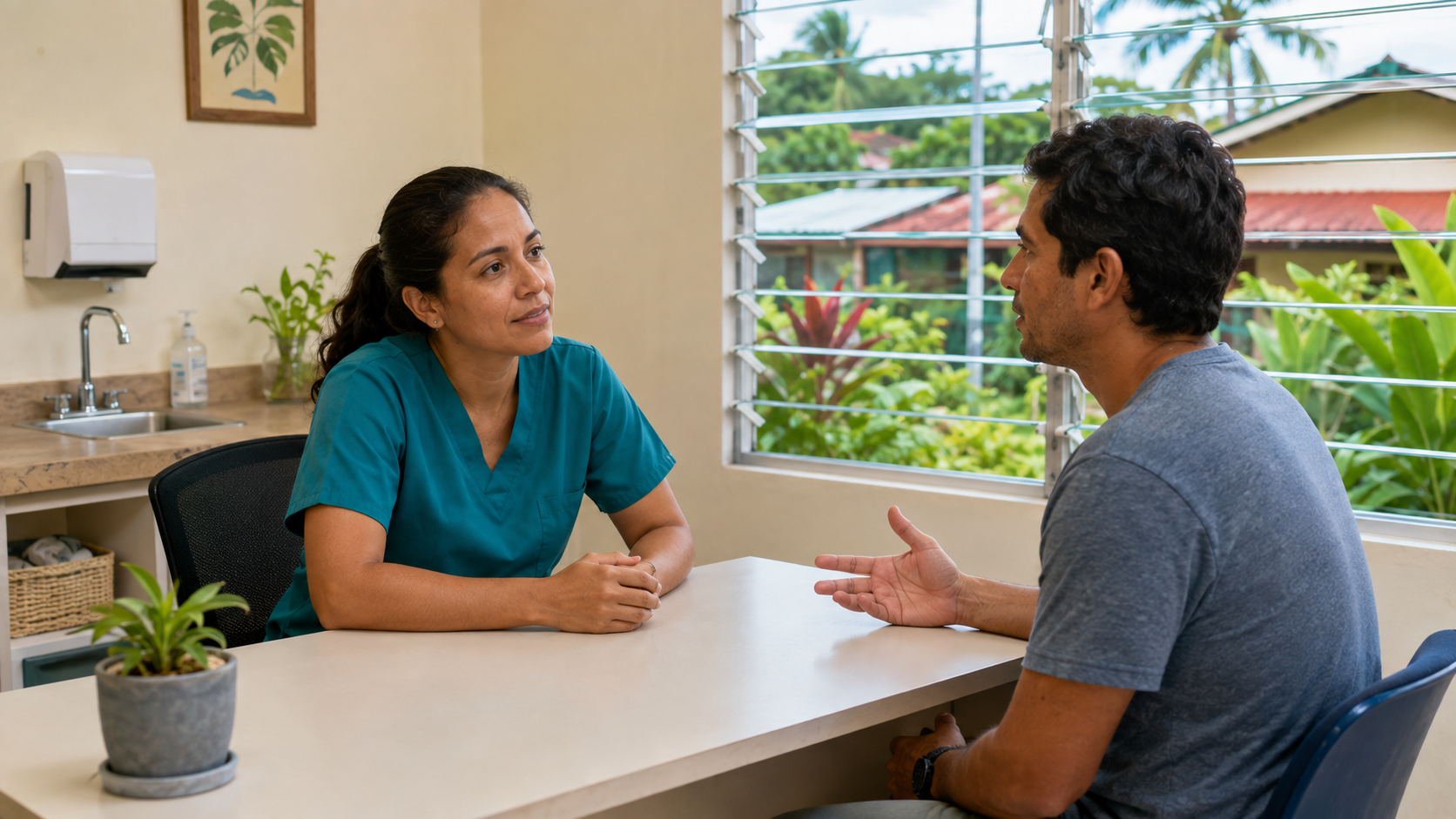 A healthcare professional and an adult discuss information at an indoor desk.
