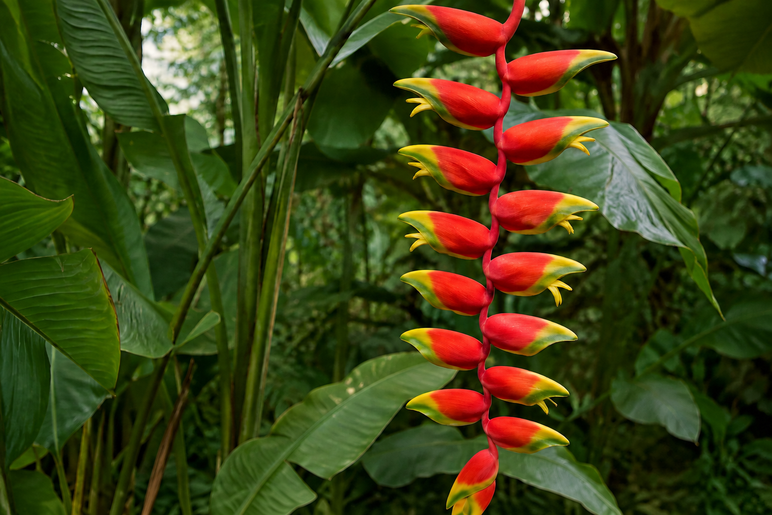 Red and yellow heliconia bracts among broad green leaves.