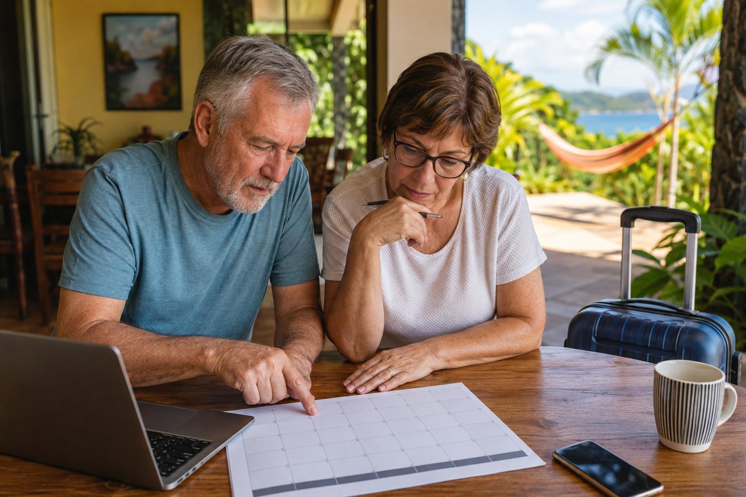 An older couple reviews a calendar at an indoor table with luggage nearby.