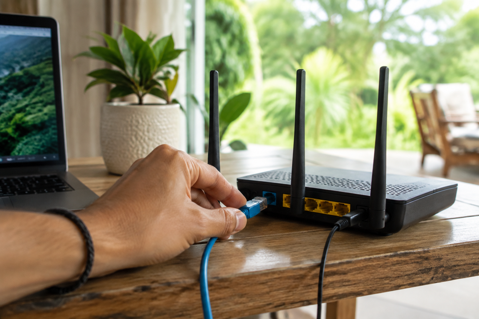 A hand connects a blue Ethernet cable to an unbranded router beside a laptop.