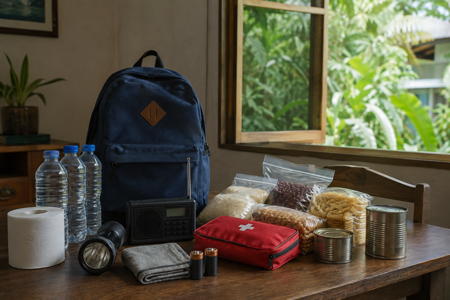 Water bottles, a backpack, radio, flashlight, first-aid supplies and packaged food arranged together.