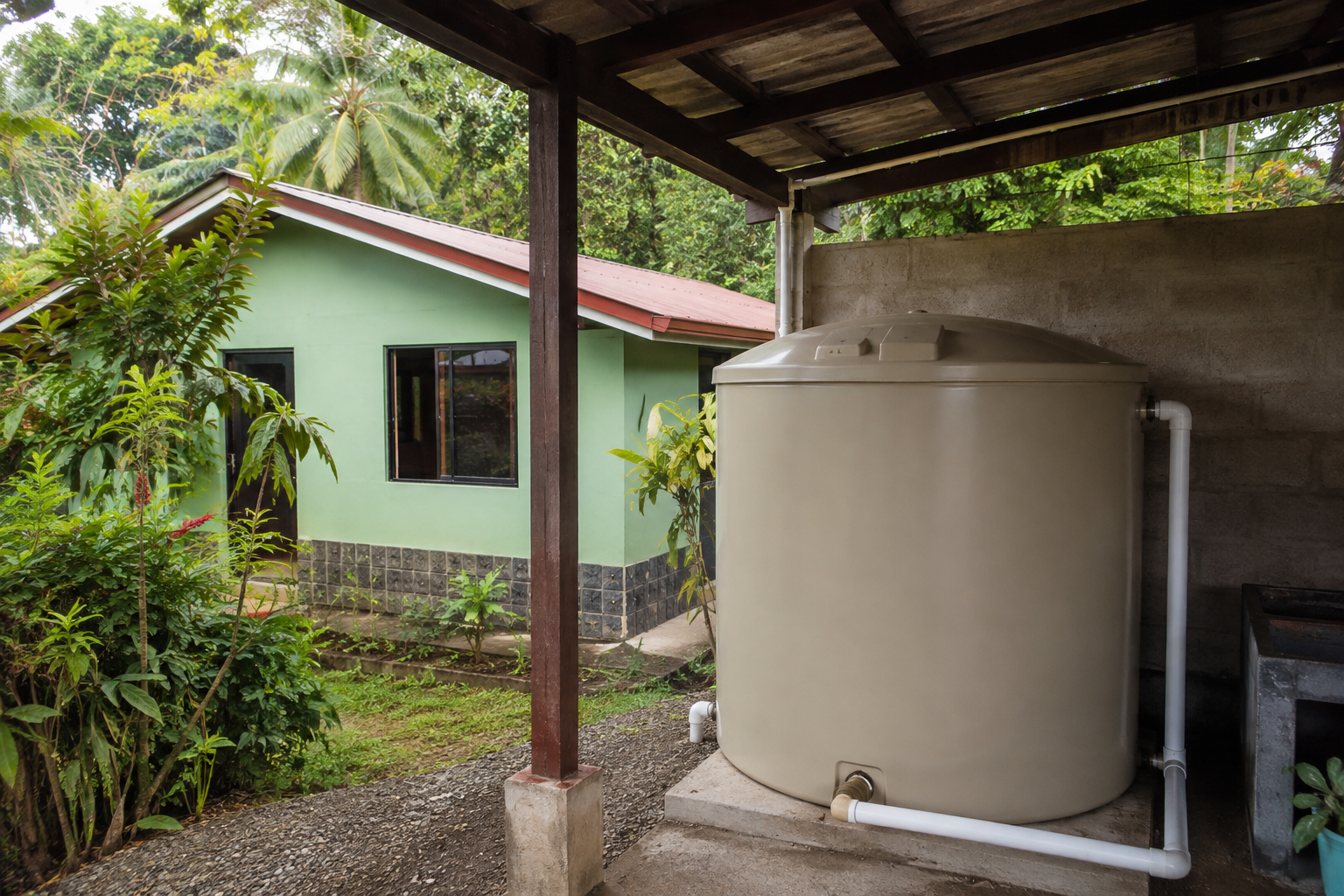 A covered water-storage tank and pipes beside a house.