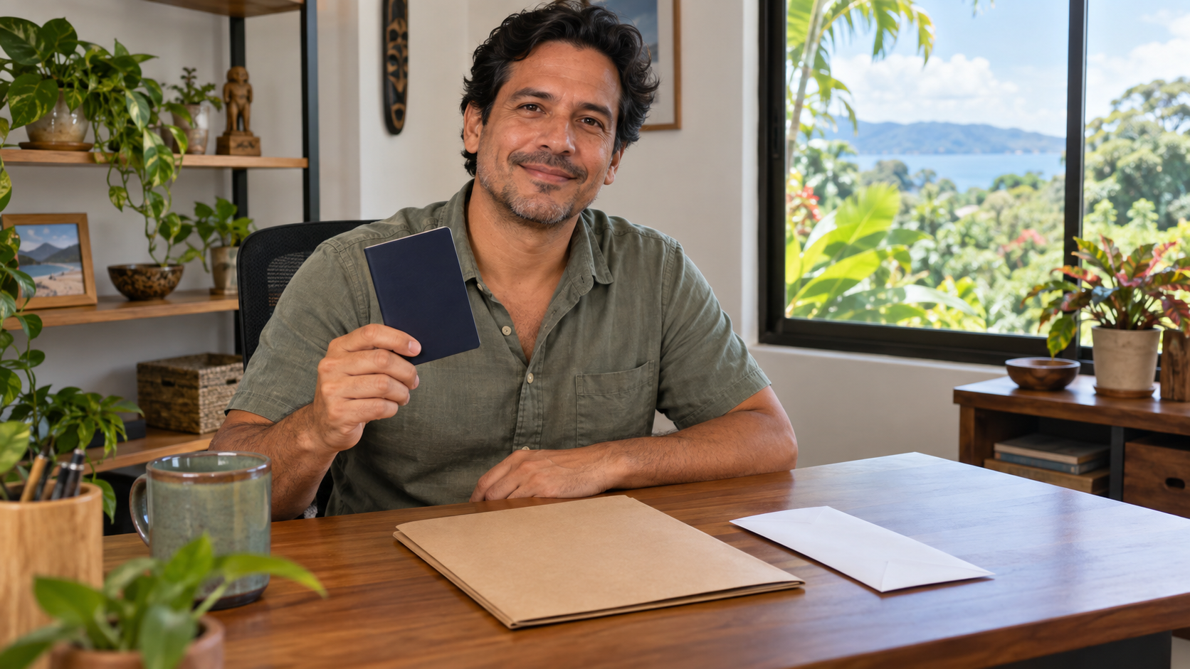 Applicant organizing a passport and status-reference folder at a Costa Rican home office.