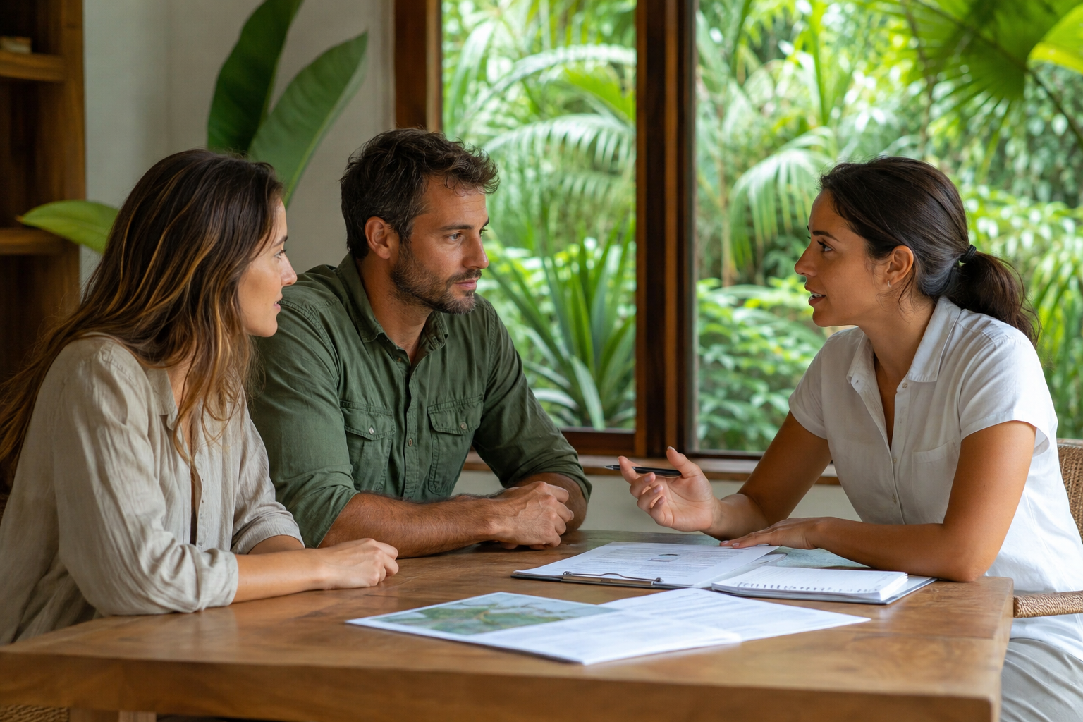 Three adults discuss paperwork around a desk in a modest office.