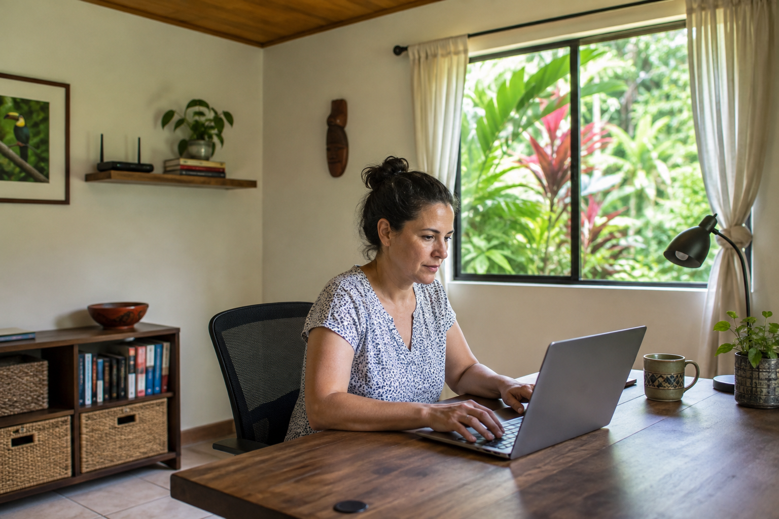 A woman works on a laptop at an indoor desk beside a window overlooking tropical plants.