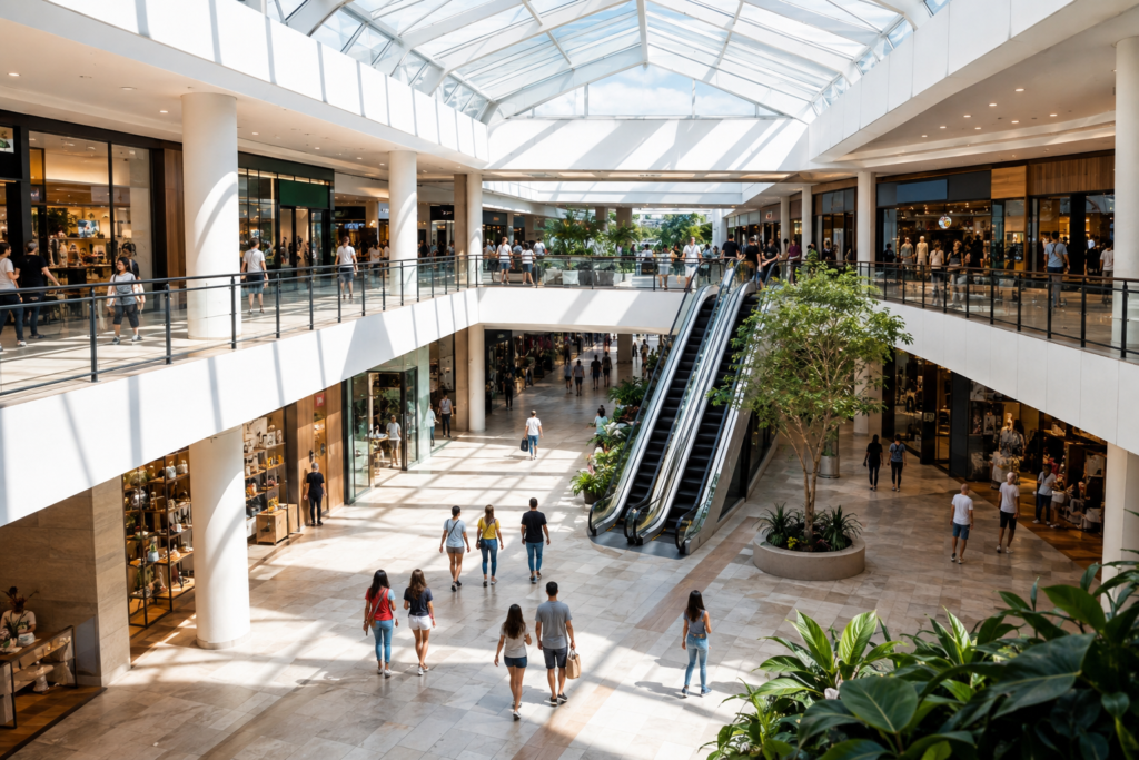 An escalator connects two floors of an indoor shopping centre.