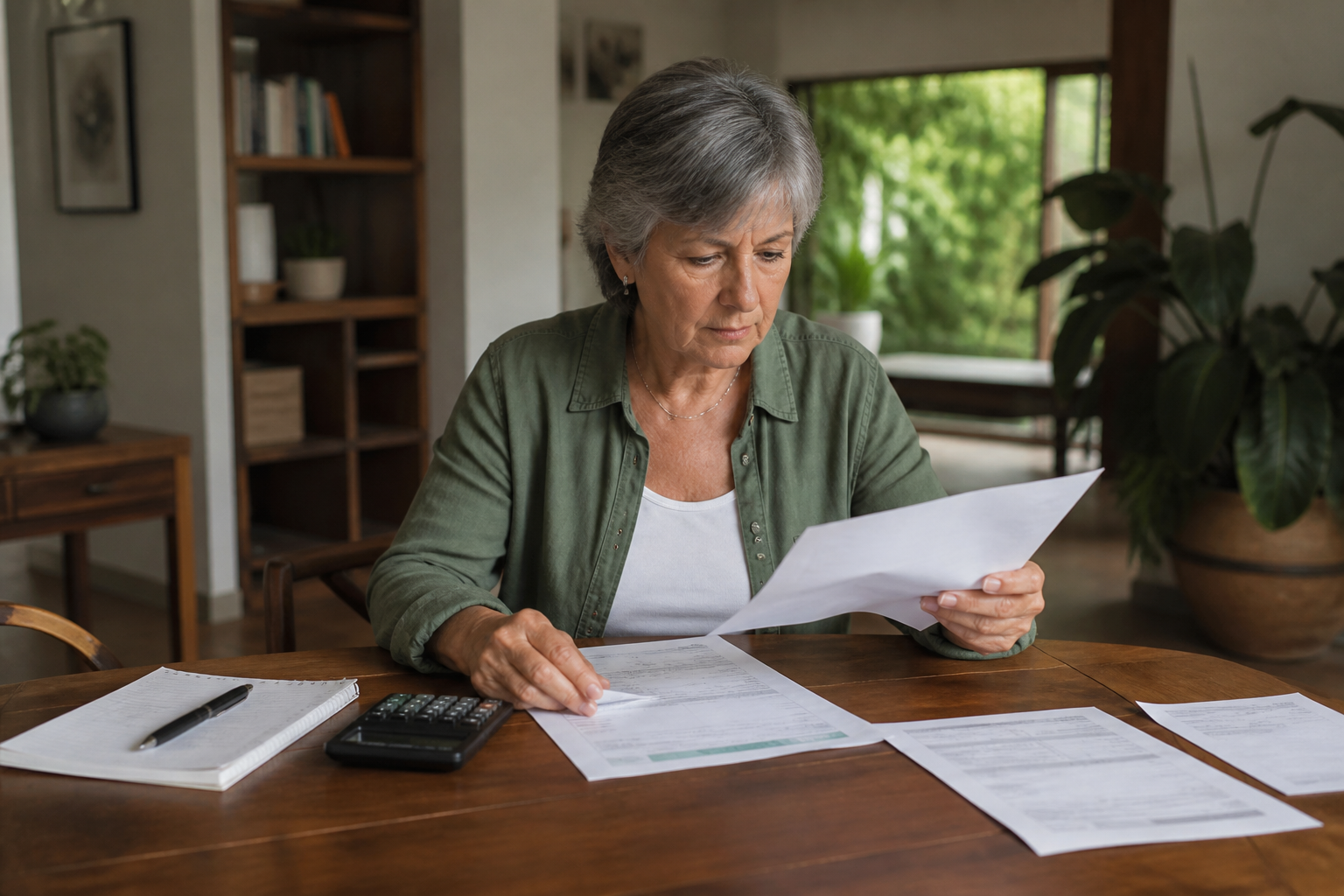 Person reviewing financial records and paperwork at a desk