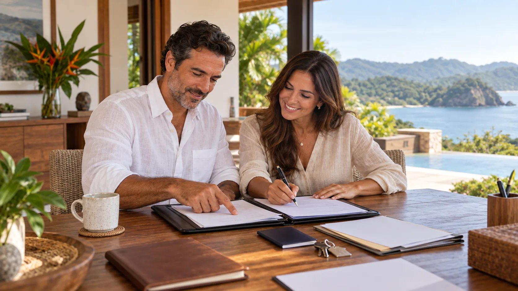 Couple preparing investor residency documents at a Costa Rica home
