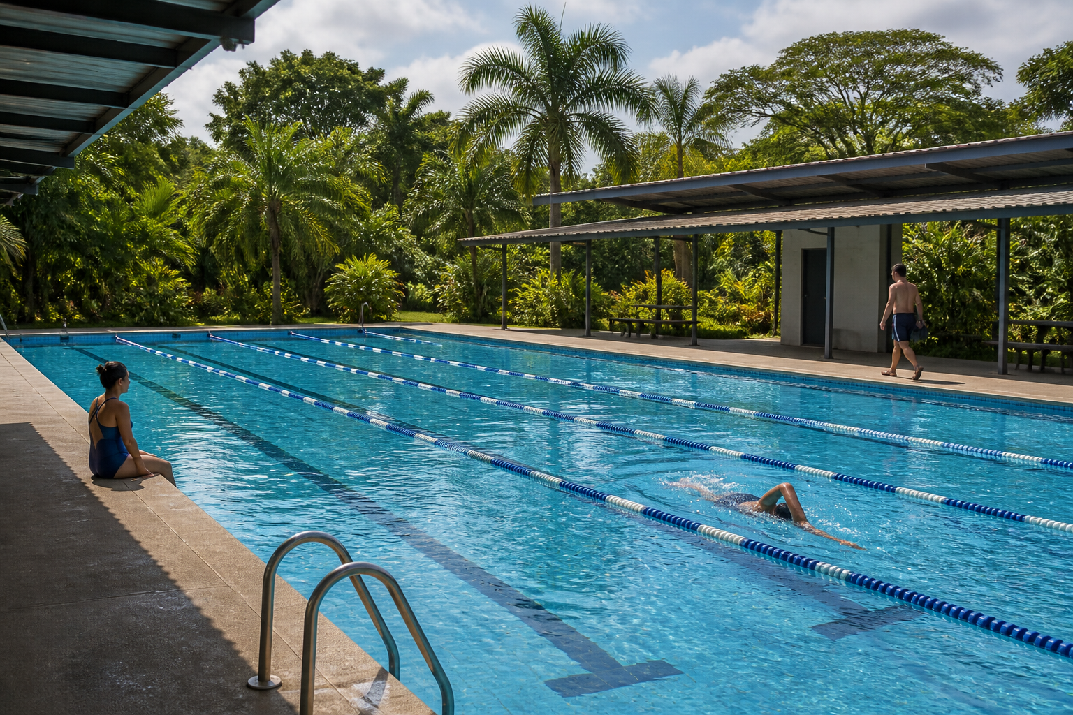 Lane ropes divide a swimming pool.