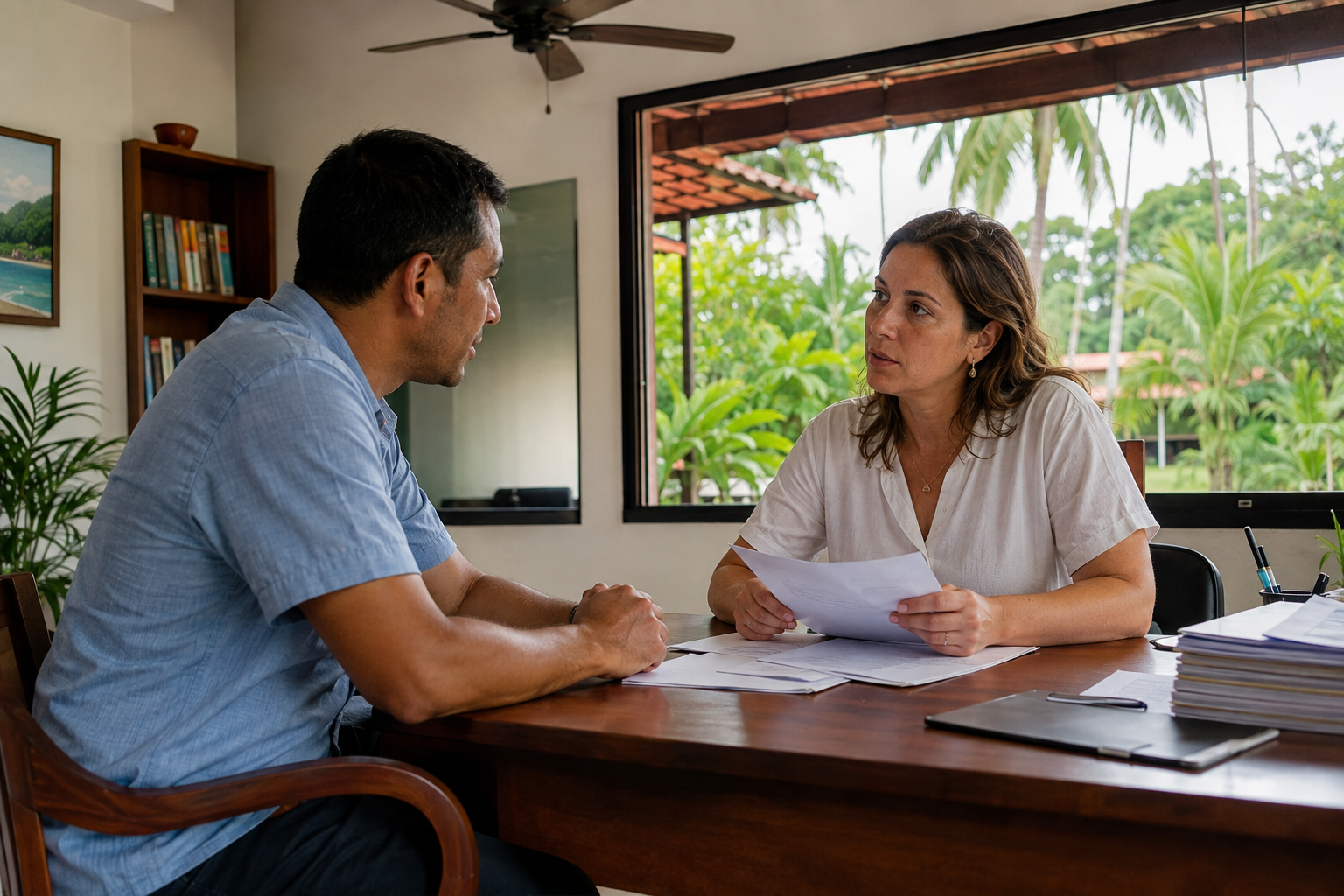 An adviser and visitors discuss documents around a desk.