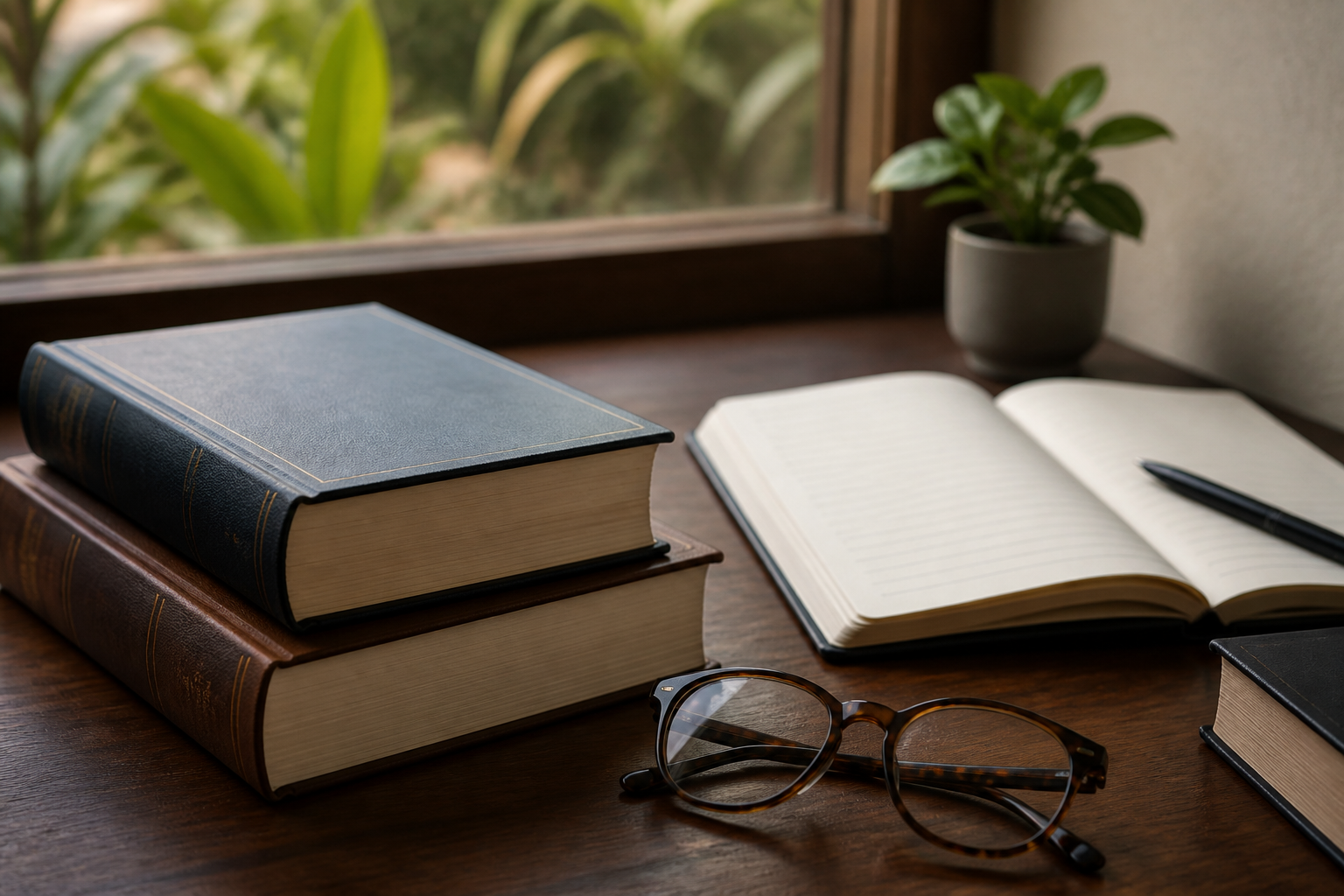 Books, glasses and a notebook lie on a wooden desk.