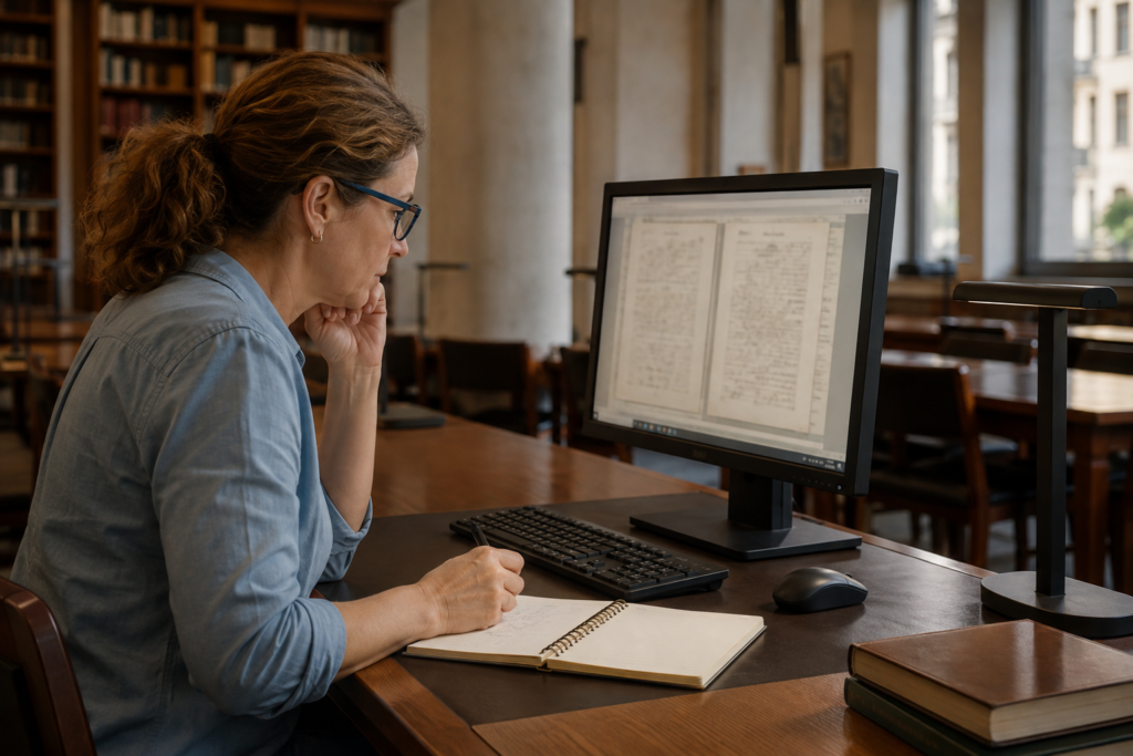 A researcher uses a computer and notebook in a library.