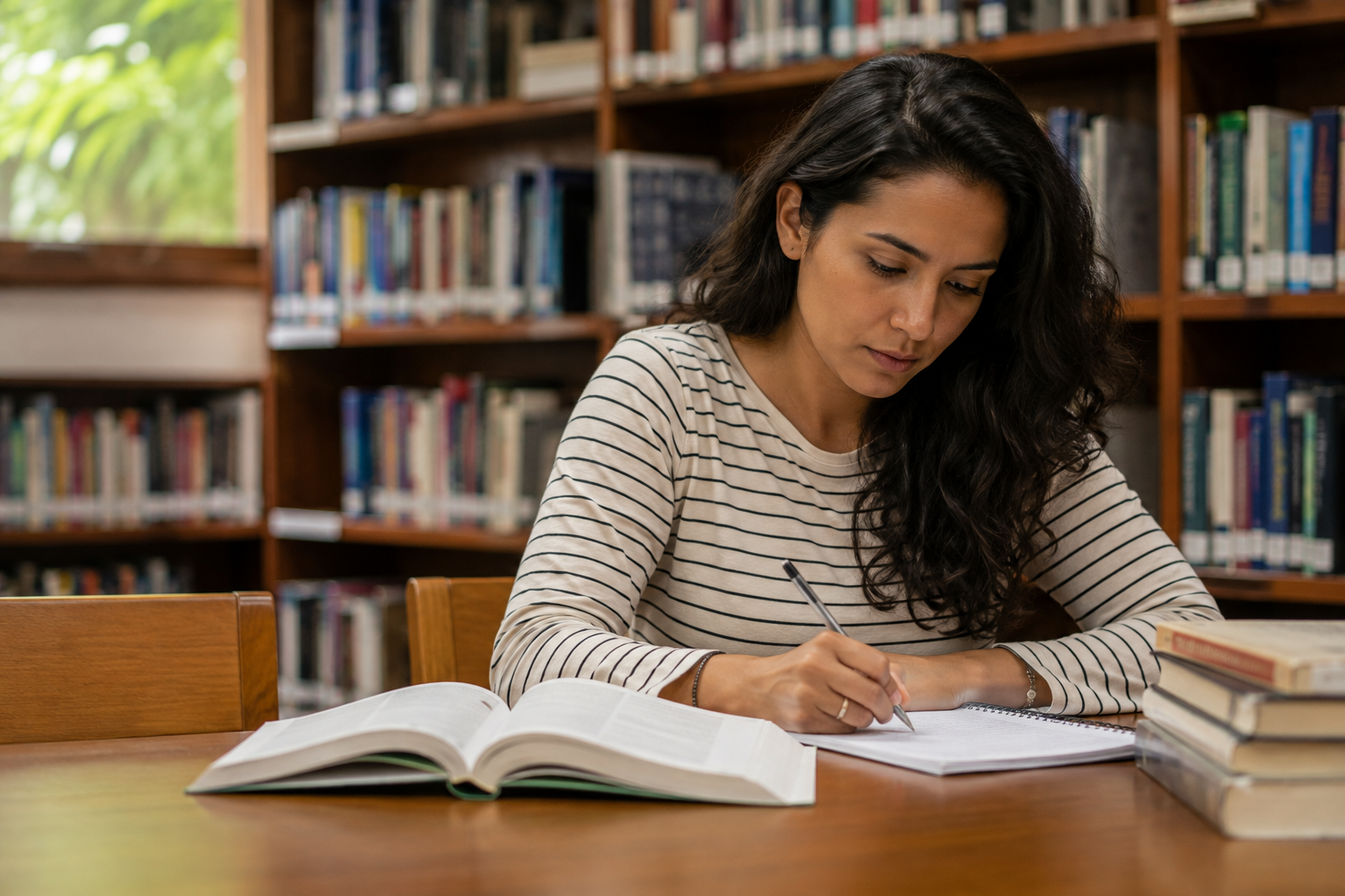 A reader takes notes at a library table.