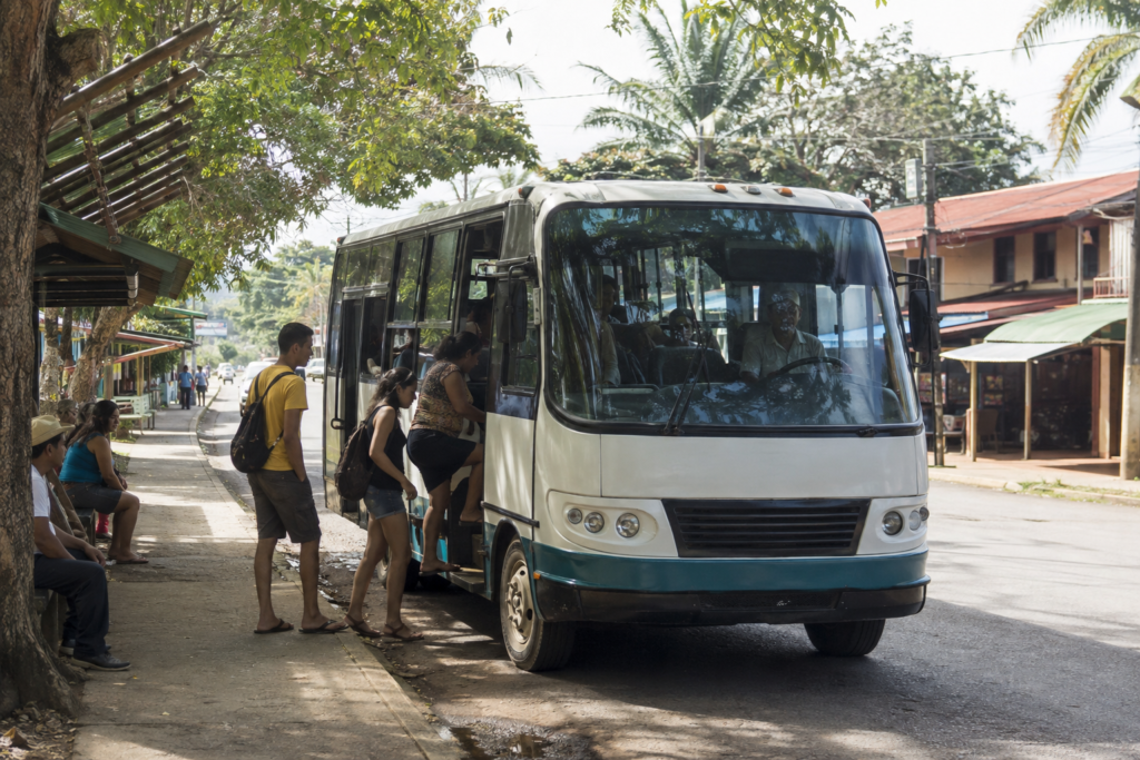 Passengers board a bus beside a shaded street with low-rise buildings.