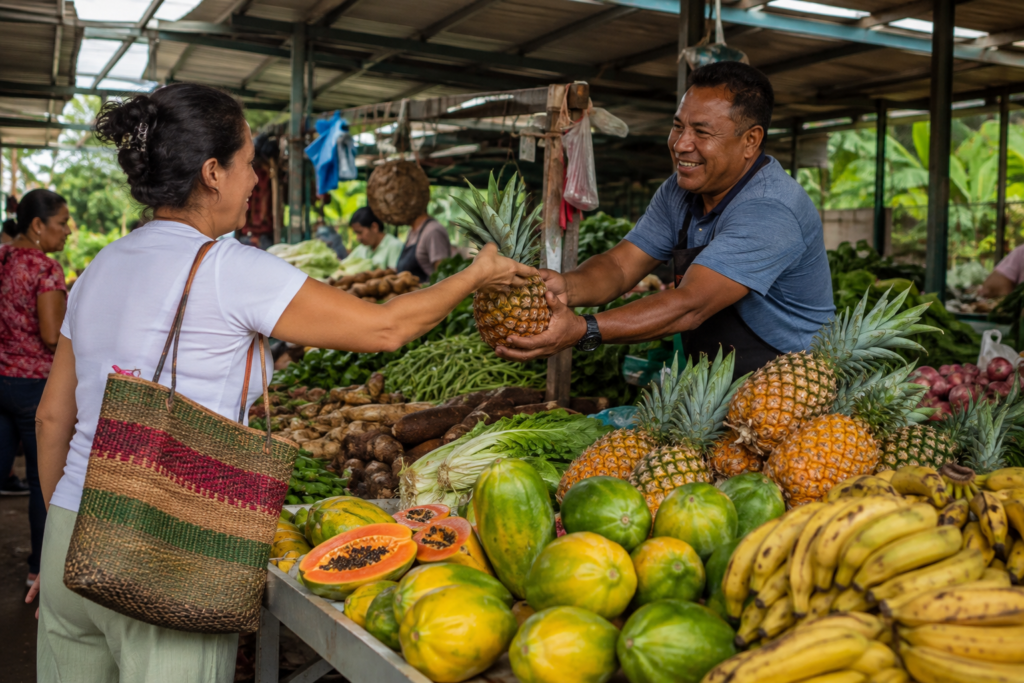 A vendor and shopper stand beside fresh fruit and vegetables at a market.