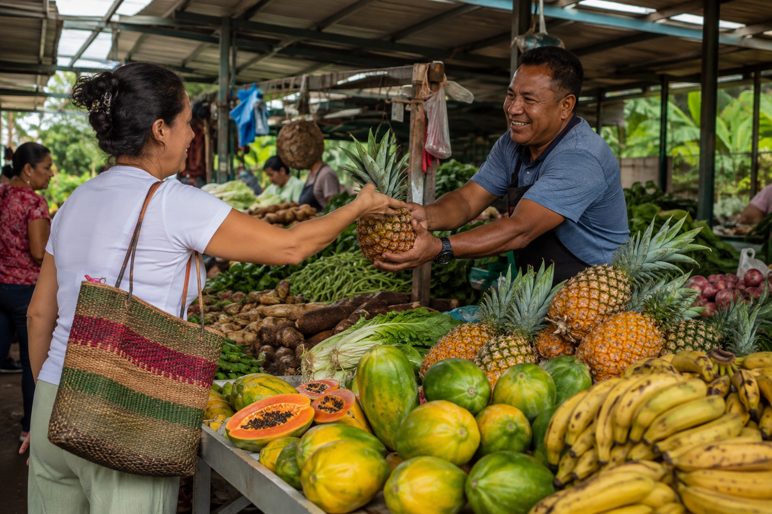 A vendor and shopper stand beside fresh fruit and vegetables at a market.