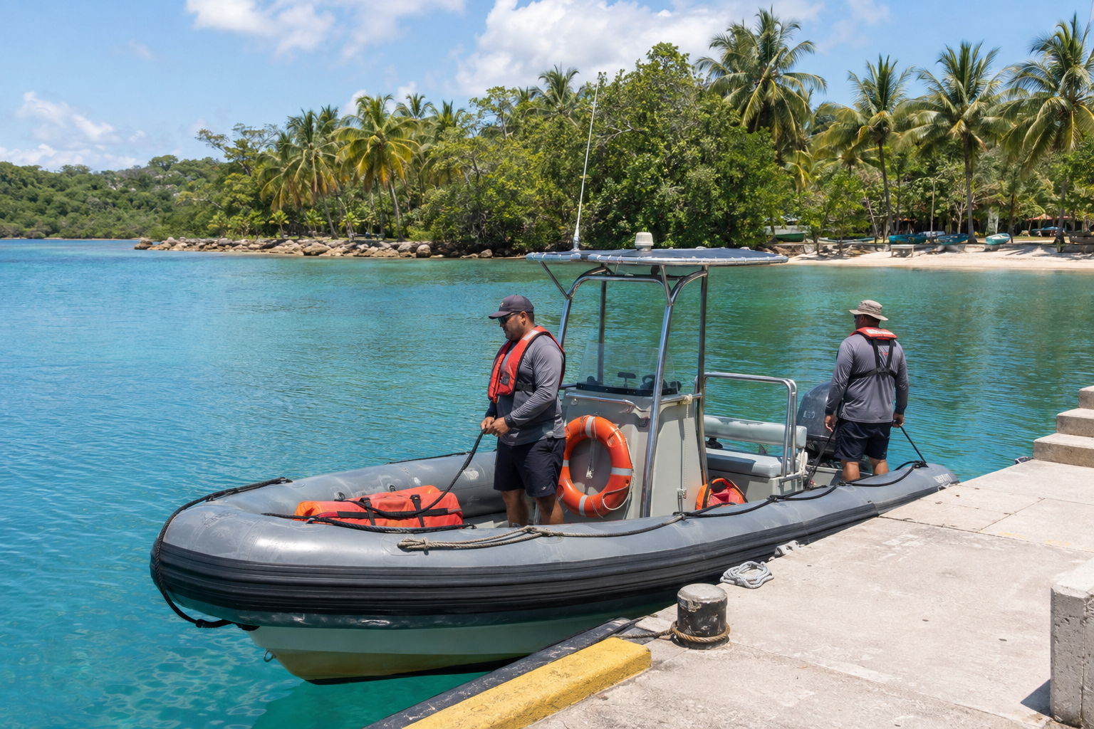 Two adults wearing life jackets stand in an unmarked boat beside a tropical dock.