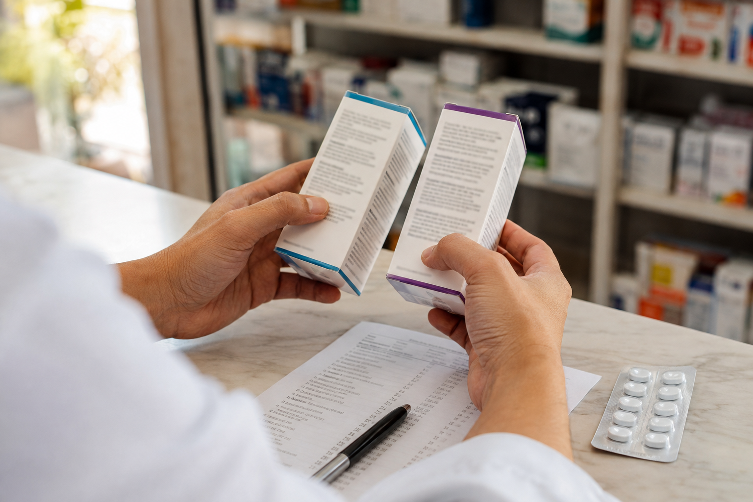 Hands hold two medicine cartons side by side above a pharmacy counter with a blister pack and medication list.