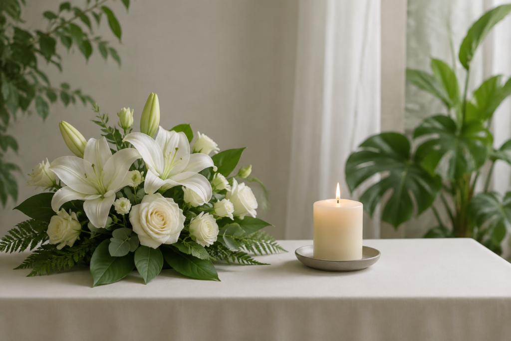 White flowers and a candle sit on a simple memorial table.