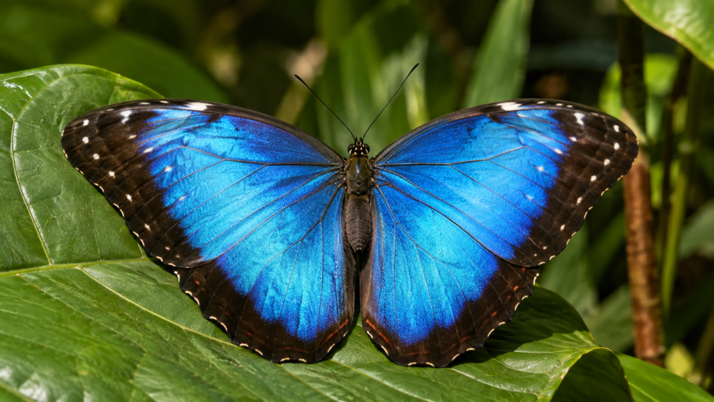 Blue butterfly with dark wing edges resting with its wings open.