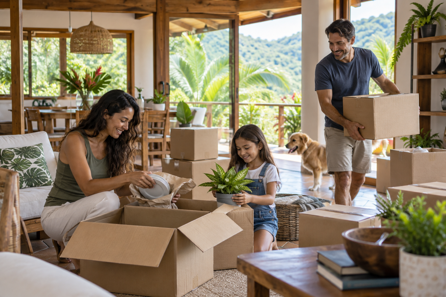 Family unpacking in a bright Costa Rica home.