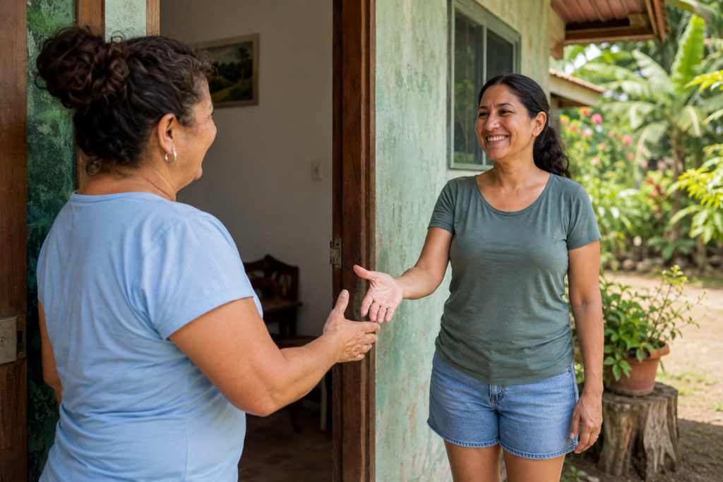 Two adults greet each other at the doorway of a home.