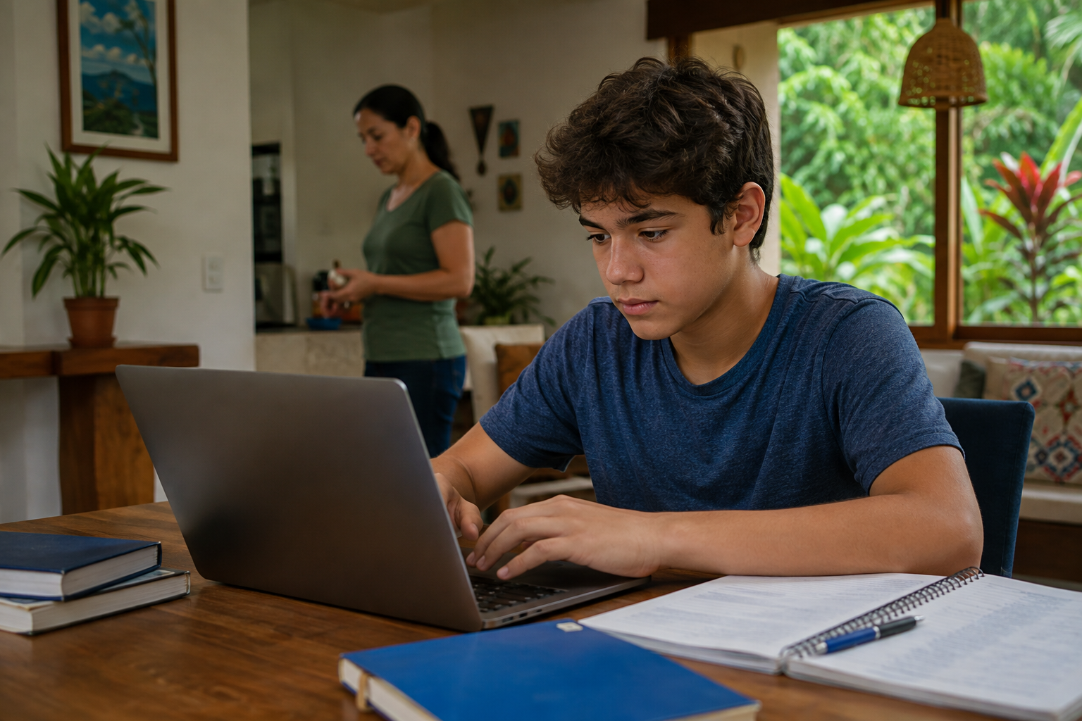 A teenager studies with a laptop and notebooks at home