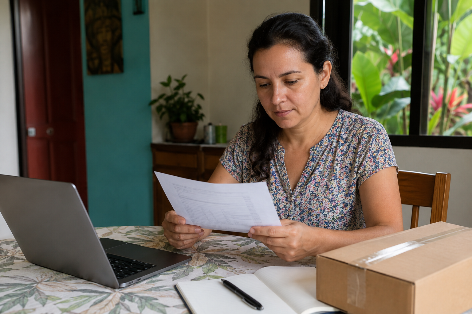A woman reviews paperwork beside a cardboard parcel and laptop at an indoor table.