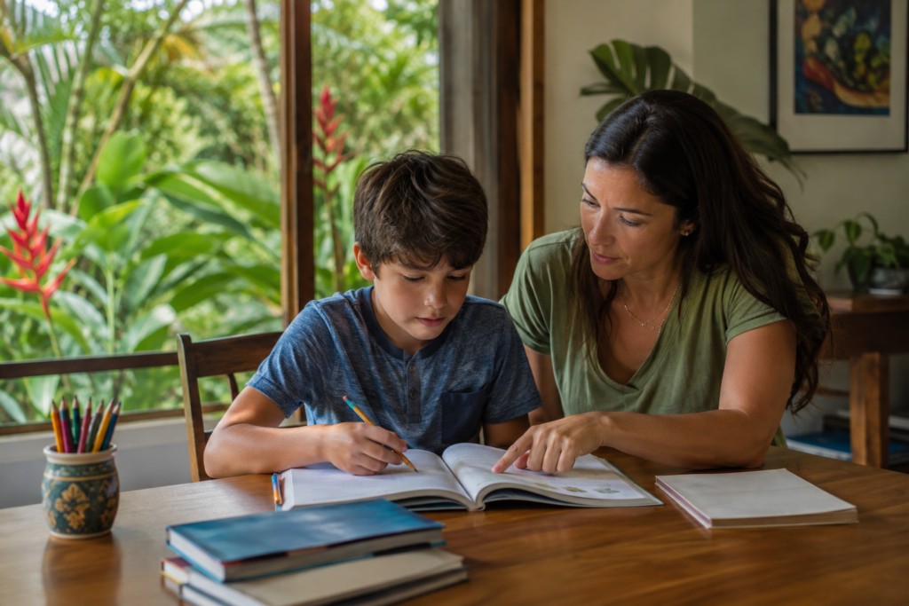 A parent helps a child study with a workbook at home.