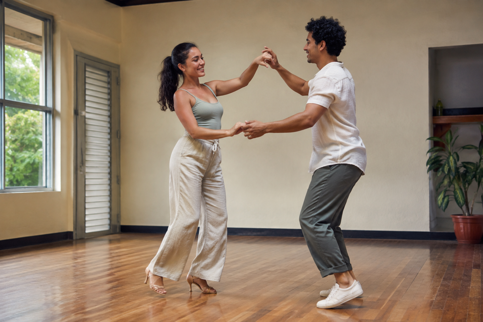 Two adults practise partner dance steps in a studio.