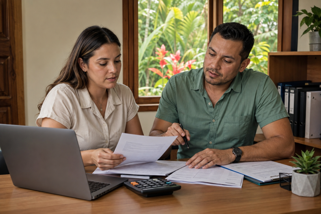 Two adults review paperwork with a calculator and laptop at an indoor desk.
