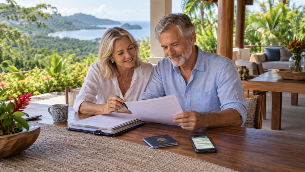 An older couple reviewing documents together at a table with a passport and phone beside them