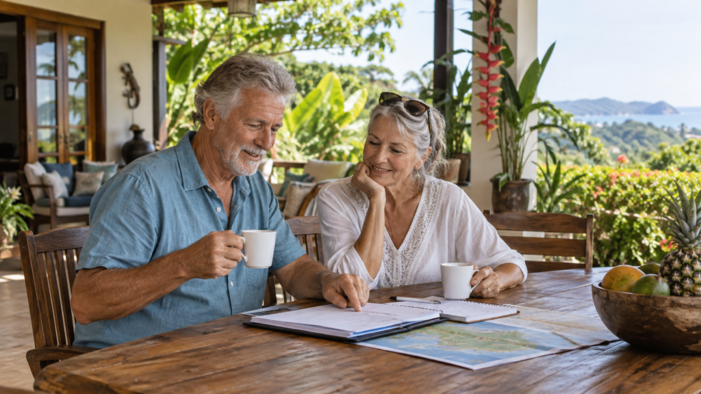 An older couple smiling as they look over maps and notes at a table on a covered terrace
