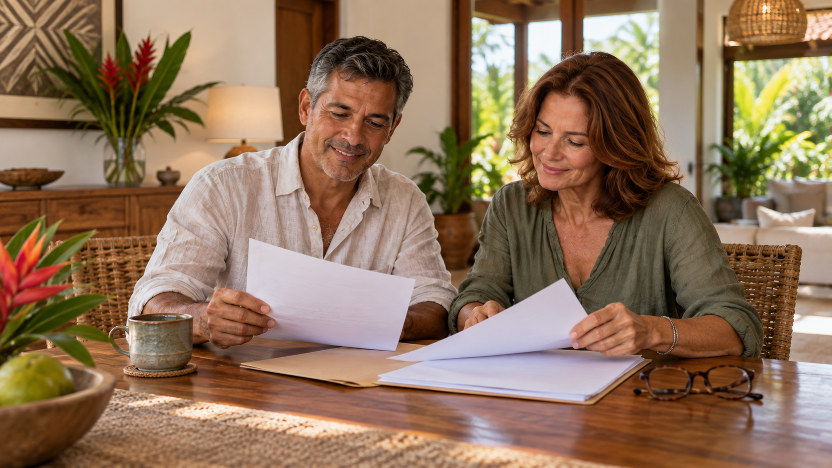 Couple organizing permanent residency documents at their Costa Rica home