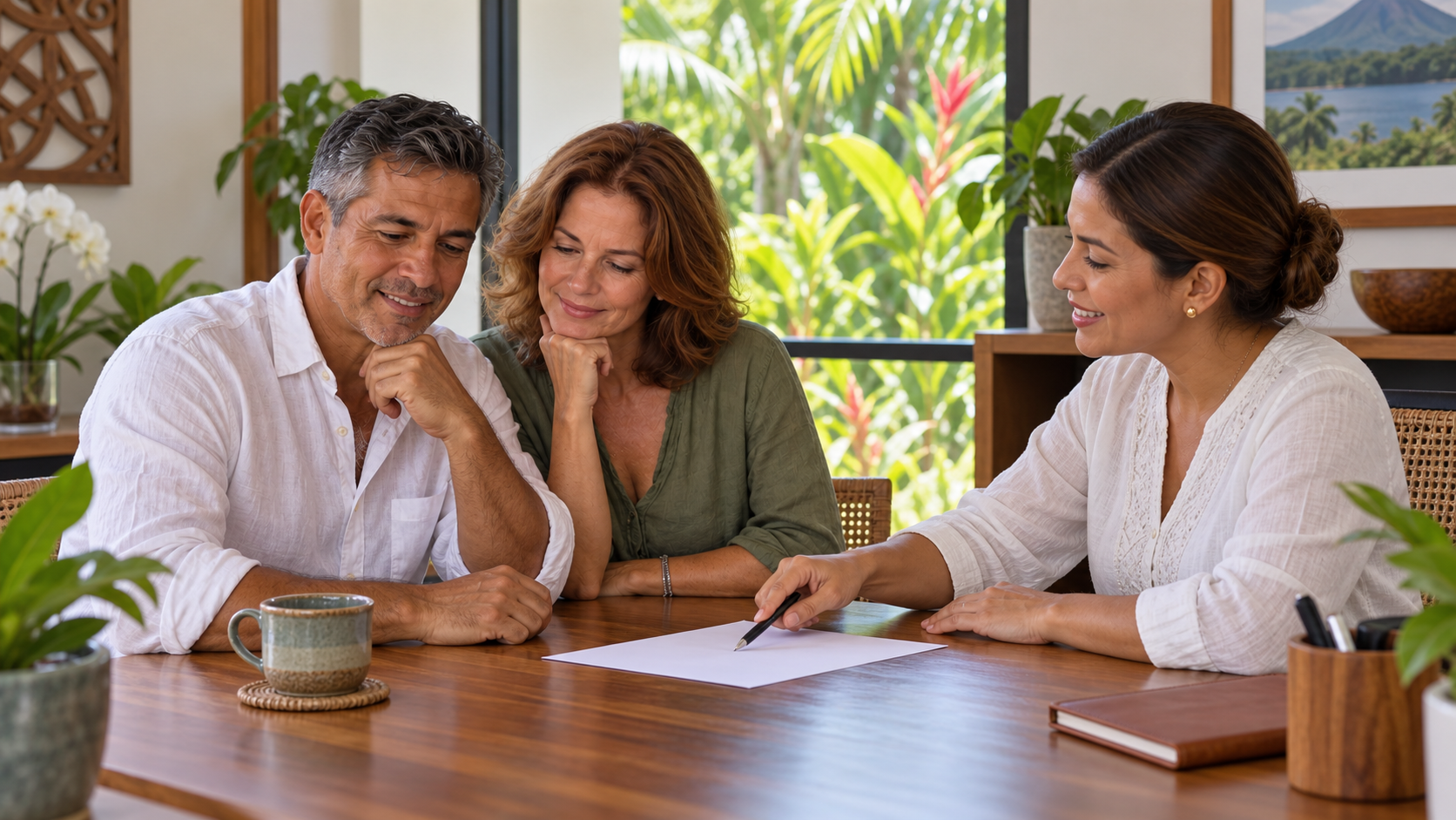 Couple receiving permanent residency guidance in a Costa Rica office