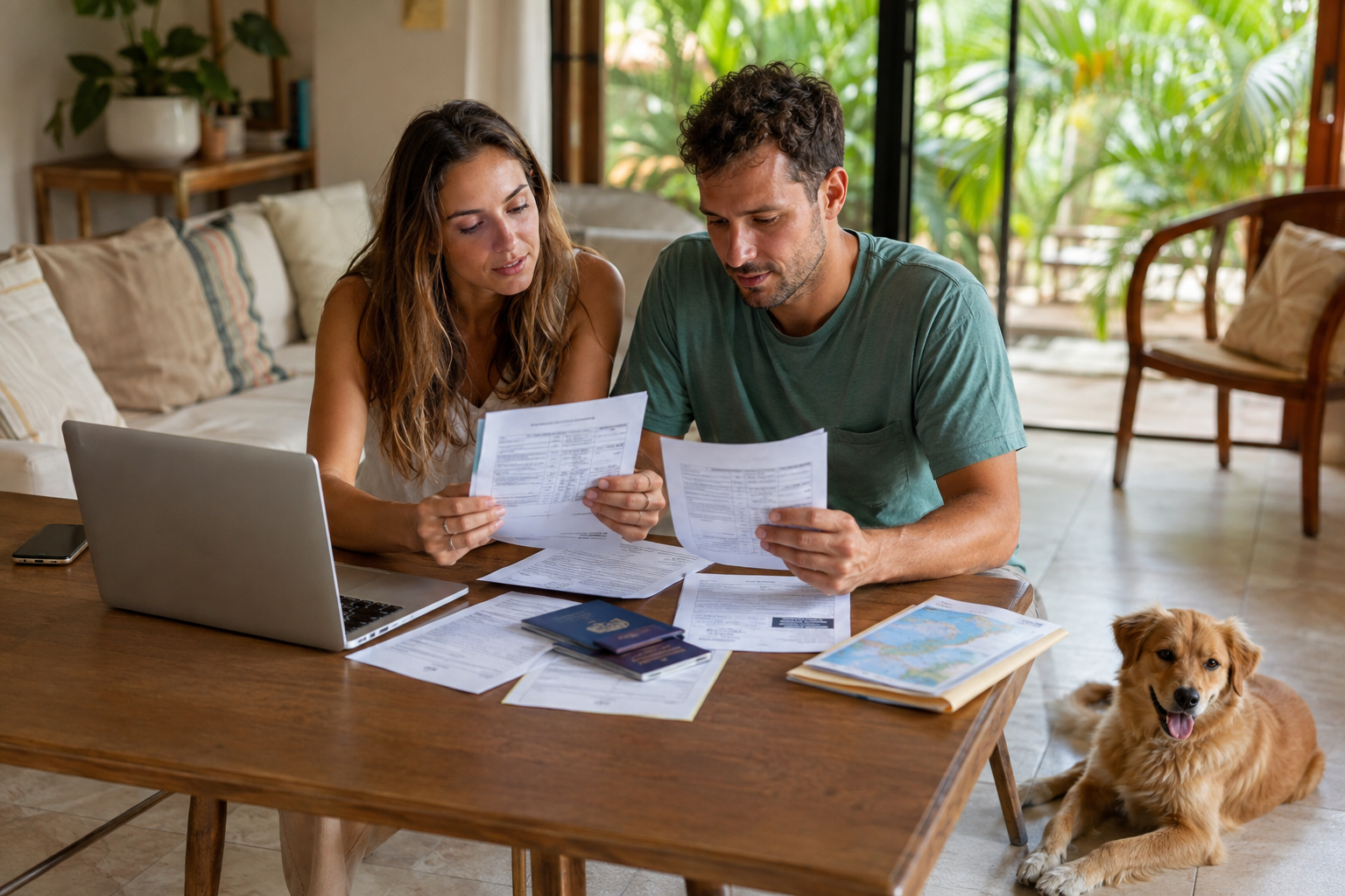 Two adults review travel paperwork at a table with a dog resting beside them.