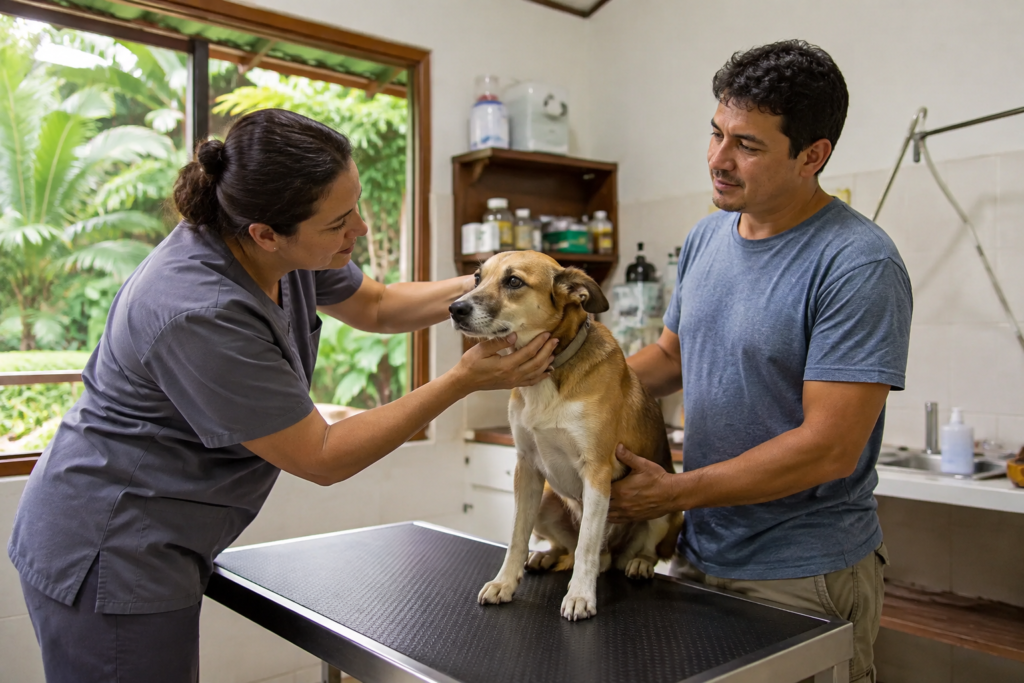 A veterinarian examines a dog on a clinic table while its owner stands nearby.