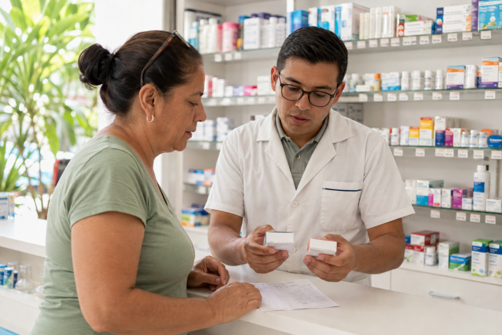 A pharmacist discusses medicine packages with a customer at an indoor pharmacy counter.